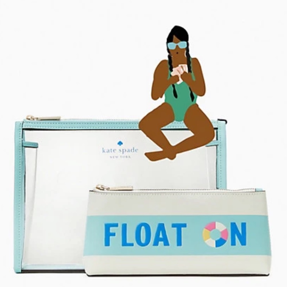 pool float makeup bag duo Kate spade blue floatie white